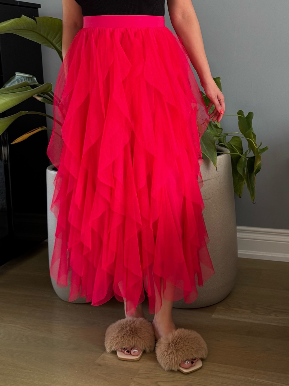 Women's Hot Pink Tiered Tulle Midi Skirt